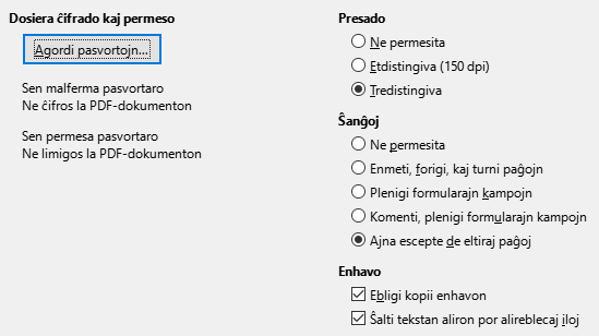Bildo de dialogo por PDF-eksporta langeto Sekureco