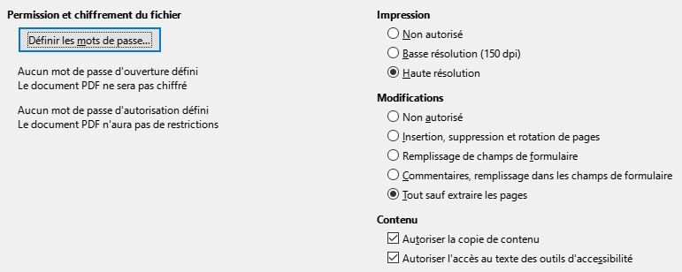 Image de la boîte de dialogue des options de sécurité de l'export PDF
