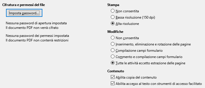 Immagine della finestra di dialogo delle opzioni di sicurezza di esportazione PDF