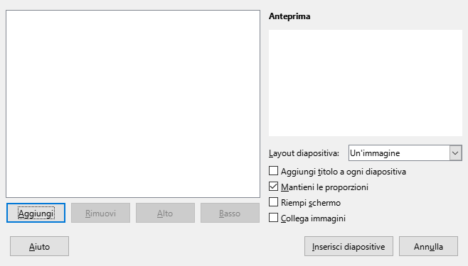 Finestra di dialogo Album fotografico di Impress