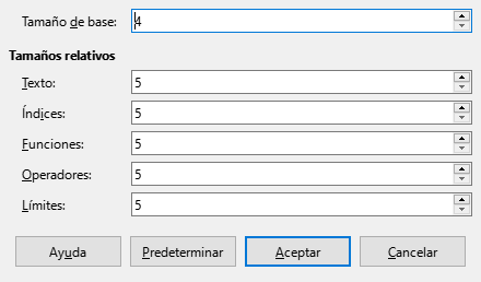Cuadro de diálogo Tamaño de letra