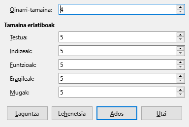 Letra-tipoaren tamainaren elkarrizketa-koadroa