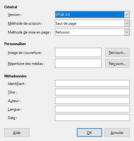 Boîte de dialogue EPUB
