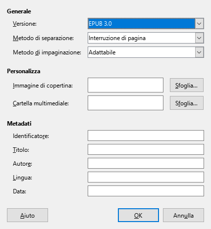 Riquadro di dialogo EPUB
