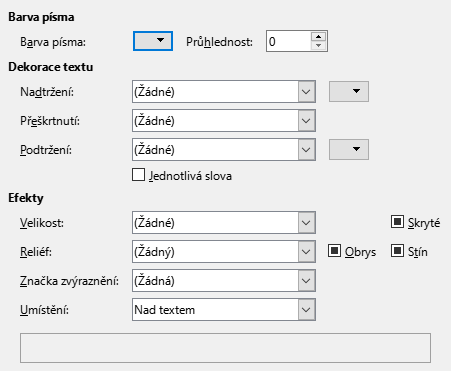 Obrázek dialogového okna Stránka Efekty písma