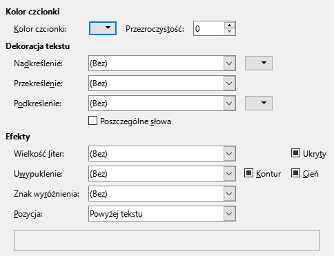 Obraz okna dialogowego efektów czcionki