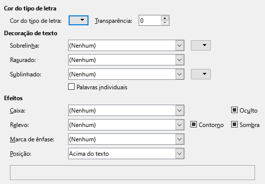 Imagem da caixa de diálogo Efeitos do tipo de letra