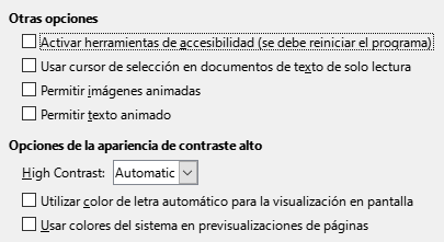 Imagen del cuadro de diálogo Opciones, sección Accesibilidad