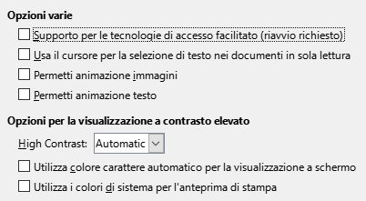 Immagine della finestra di dialogo Accessibilità delle Opzioni