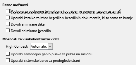 Pogovorno okno Nastavitve/Možnosti – Dostopnost