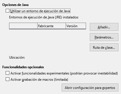 Imagen del cuadro de diálogo Opciones, sección Avanzadas