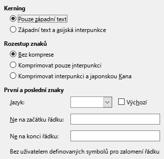 Obrázek dialogového okna Možnosti Asijské