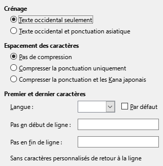 Image de la boîte de dialogue Options asiatiques