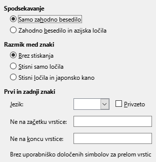 Slika pogovornega okna Nastavitve/Možnosti – Azijski jeziki