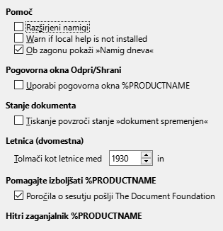 Slika pogovornega okna Nastavitve/Možnosti – Splošno