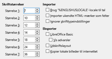 Billede af dialogen Indstillinger HTML