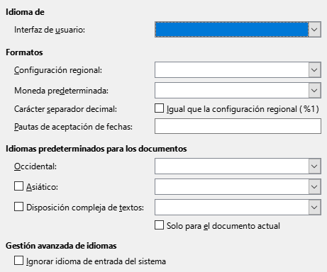 Imagen del cuadro de diálogo Opciones, sección Idioma