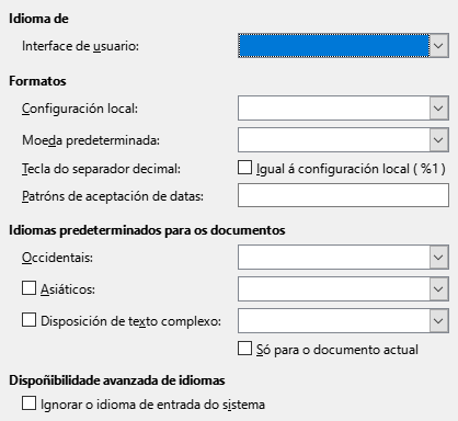 Imaxe da caixa de diálogo Idiomas de Opcións