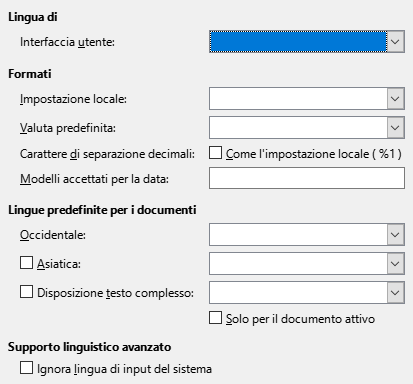 Immagine della finestra di dialogo Lingue delle Opzioni