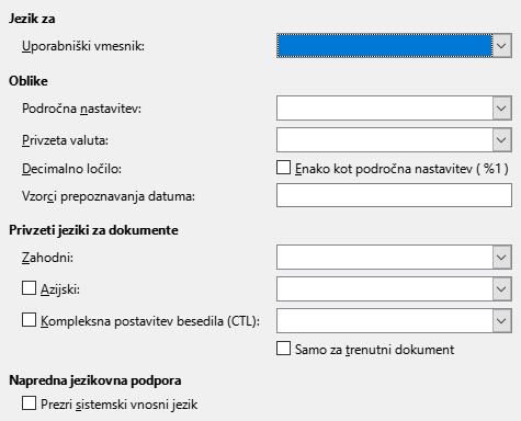 Slika pogovornega okna Nastavitve/Možnosti – Jezik