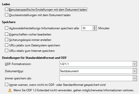 Bild des Dialogs Optionen – Laden/Speichern – Allgemein