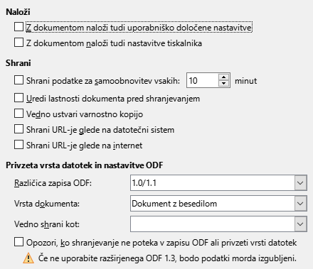 Slika pogovornega okna Nastavitve/Možnosti – Shranjevanje