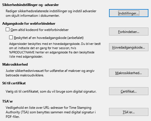 Billede af dialogen Indstillinger ▸ Sikkerhed