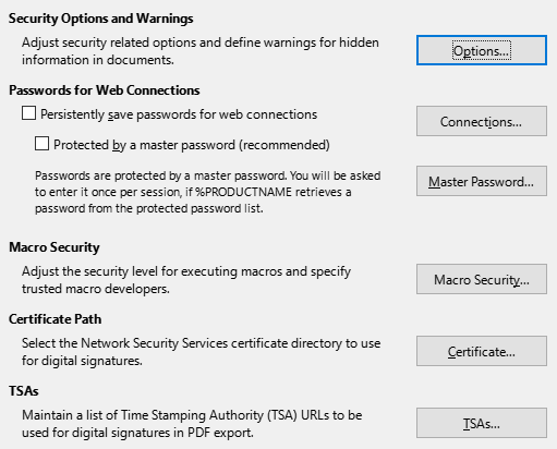 Options Security Dialogue Box Image