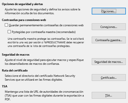 Imagen del cuadro de diálogo Opciones, sección Seguridad