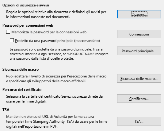 Immagine della finestra di dialogo Sicurezza delle Opzioni