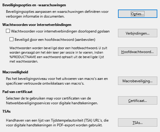Afbeelding van dialoogvenster Opties - Beveiliging