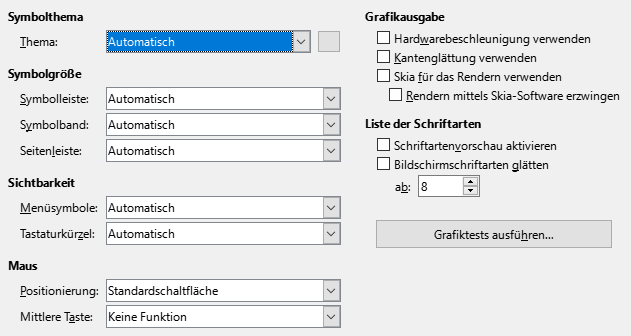 Bild des Dialogs Optionen – Ansicht