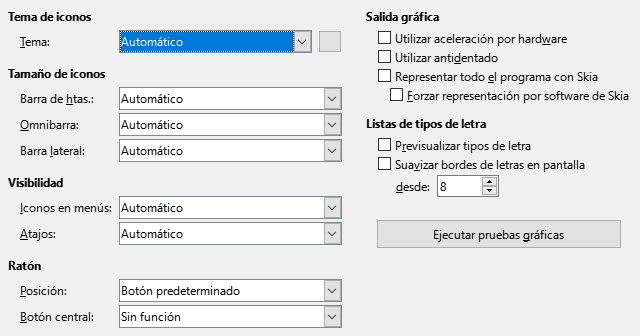 Imagen del cuadro de diálogo Opciones, sección Ver