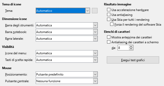 Immagine della finestra di dialogo Vista delle Opzioni