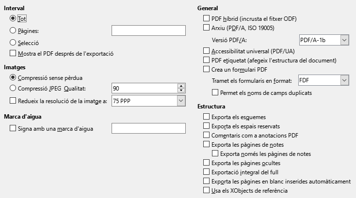 Imatge del diàleg d'opcions generals d'exportació a PDF