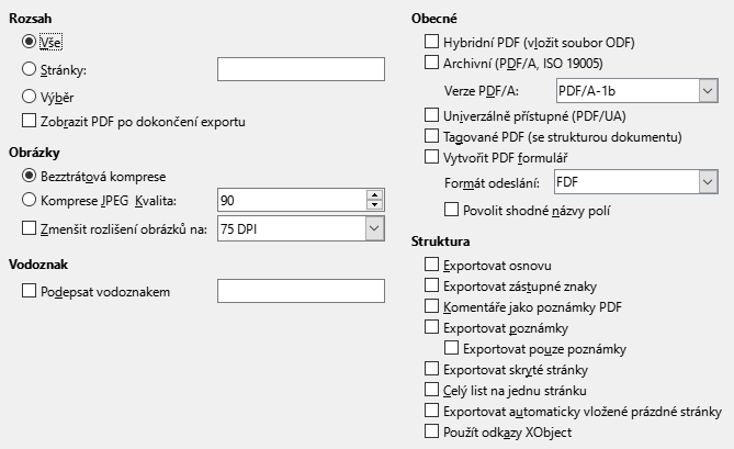 Obrázek dialogového okna Obecné možnosti exportu PDF