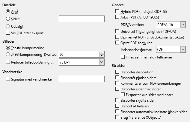 Dialogen PDF-eksport generelle indstillinger