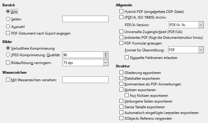 Bild des Export-Dialogs PDF-Optionen – Allgemein