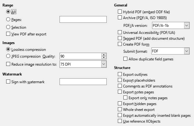 PDF Export General Options Dialogue Box Image