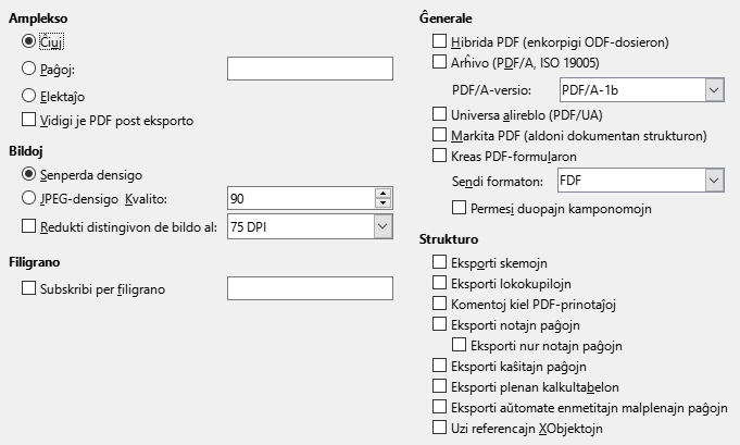 Bildo de dialogo por PDF-eksportaj ĝeneralaj agordoj