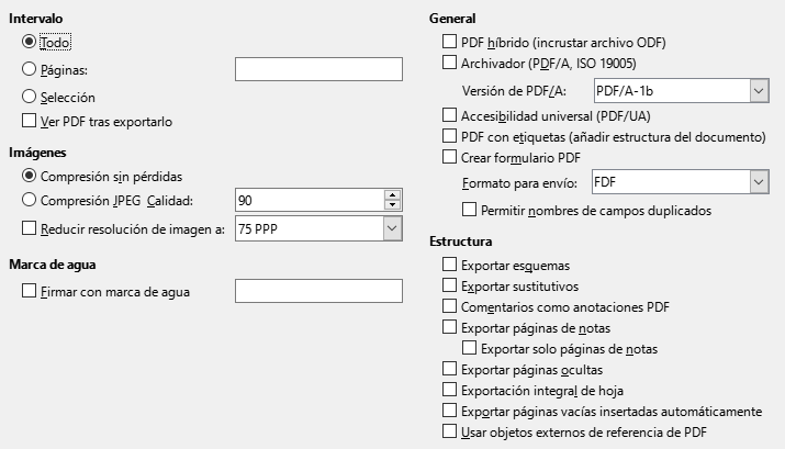 Imagen del cuadro de diálogo Exportar a PDF, pestaña de opciones generales