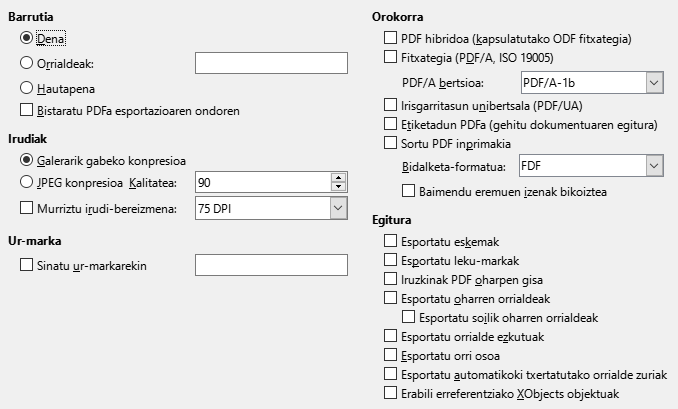 PDF esportazioaren aukera orokorren elkarrizketa-koadroaren irudia