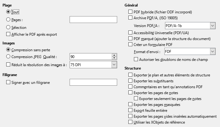 Image de la boîte de dialogue des options générales de l'export PDF