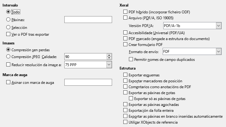 Imaxe da caixa de diálogo de opcións xerais de exportación a PDF