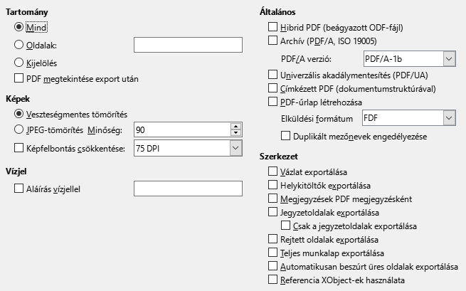 PDF exportálás általános beállítások párbeszédablak kép