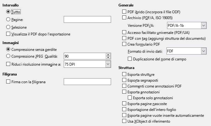 Immagine della finestra di dialogo delle opzioni generali di esportazione PDF