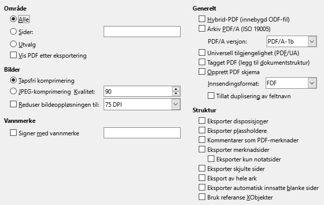 PDF-eksport Generelle alternativer, Dialog