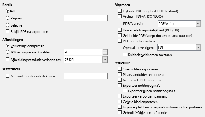 Afbeelding van dialoogvenster PDF Exporteren Algemene Opties