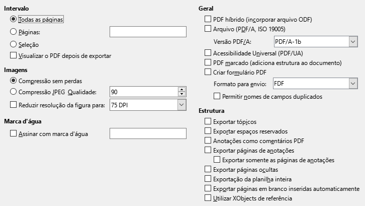 Imagem da caixa de diálogo de opções gerais da exportação PDF