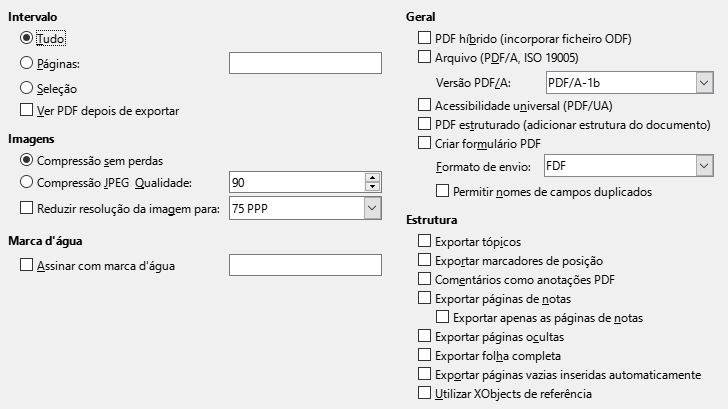 Imagem da caixa de diálogo das opções gerais da exportação PDF